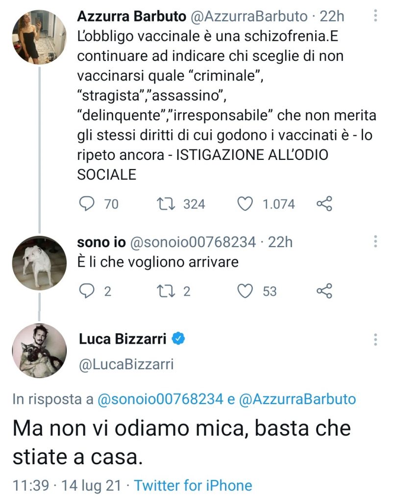 Scontro social sui vaccini tra Luca Bizzarri e Azzurra Barbuto