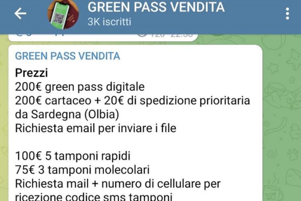 vendita green pass su telegram