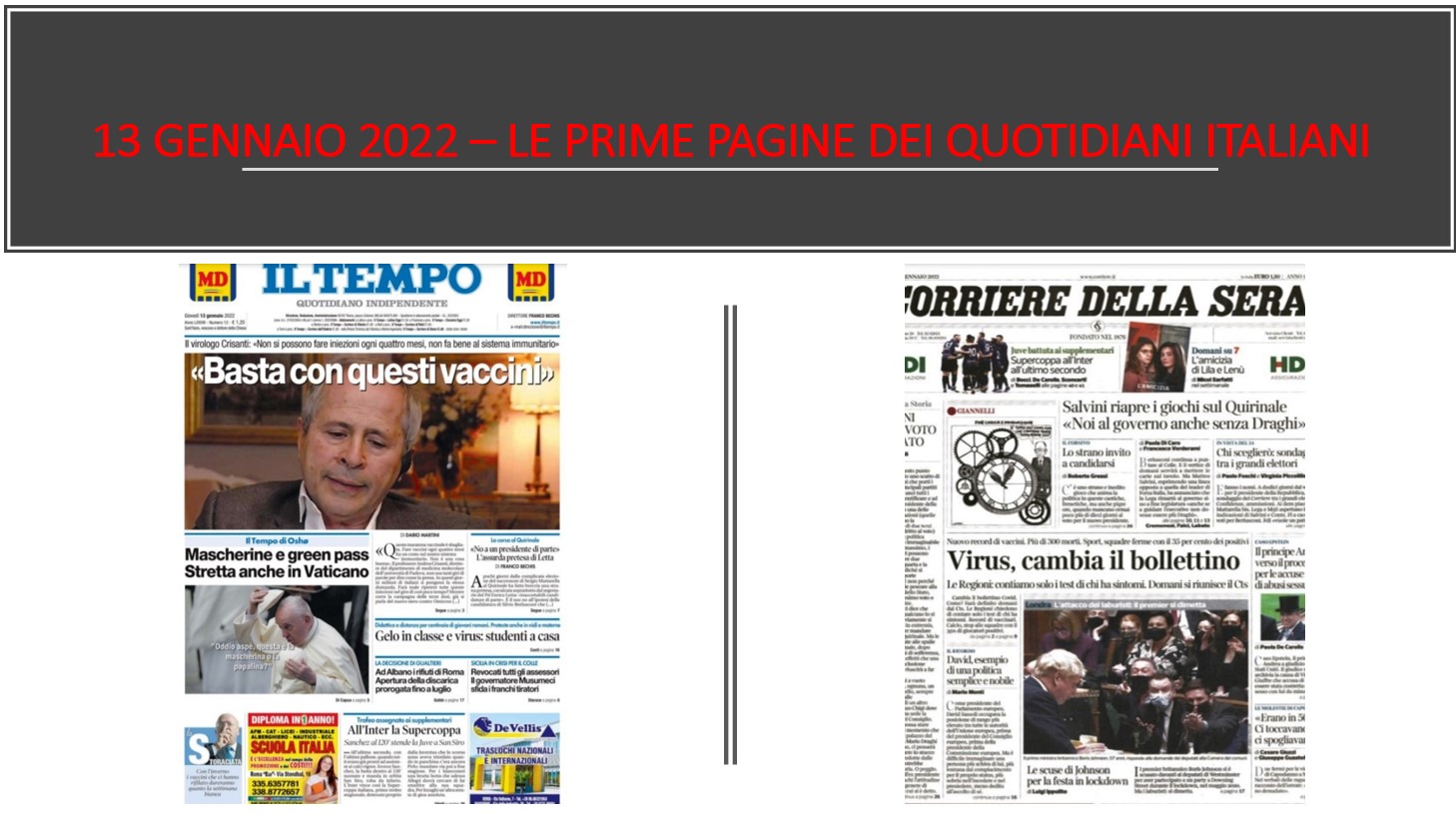prime pagine quotidiani italiani 13 gennaio 2022