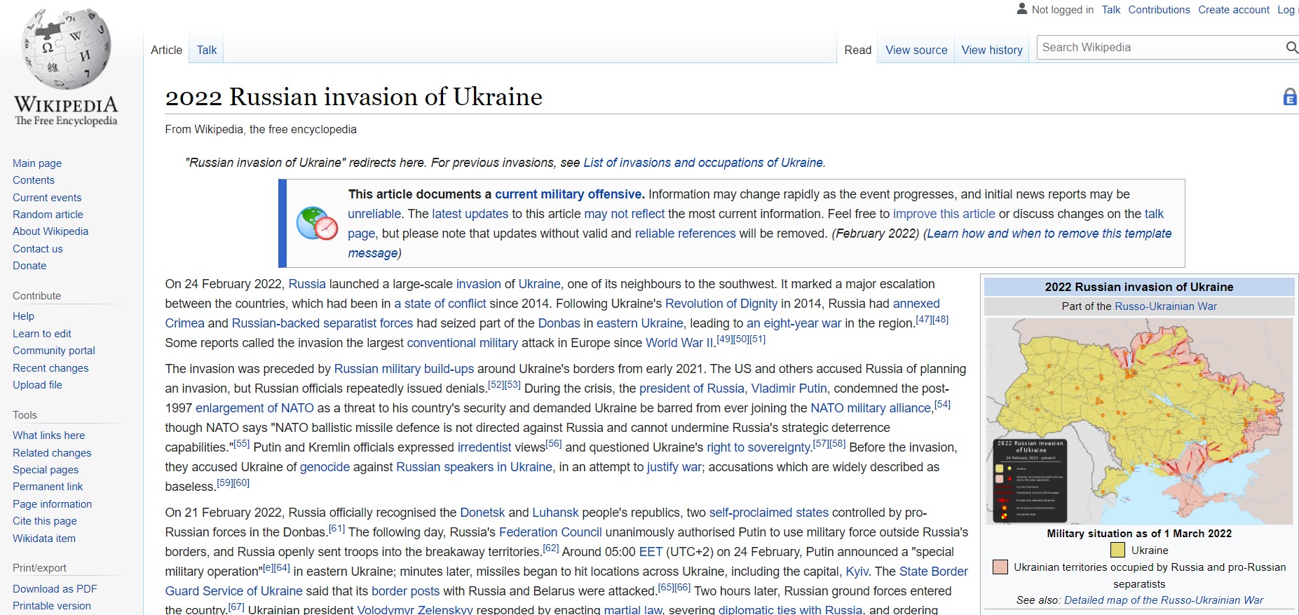wikipedia pagina su invasione russa dell'ucraina