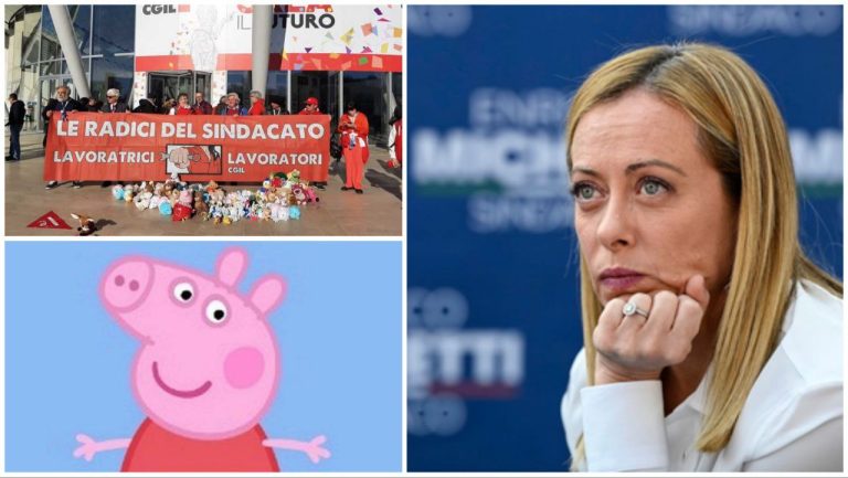 Protesta peluche contro Giorgia Meloni al congresso CGIL di Rimini