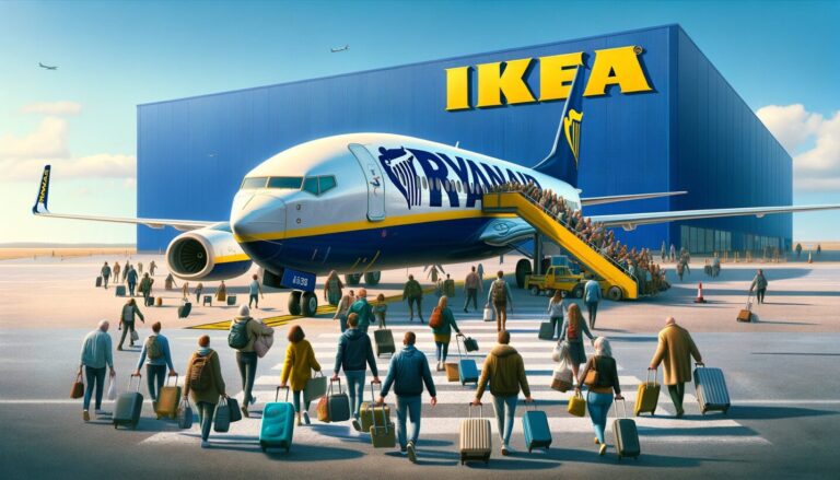 Passeggeri Ryanair che scendono dall'aereo per dirigersi all'Ikea