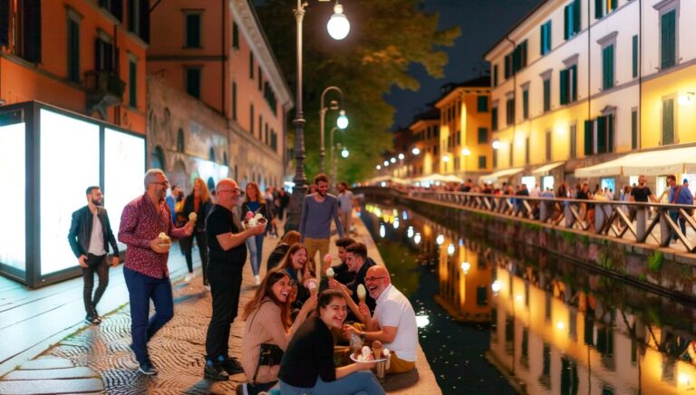 Persone che mangiano gelato a Milano sui navigli la sera