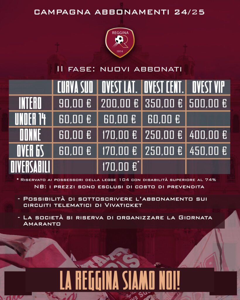 Prezzi seconda fase campagna abbonamenti Reggina