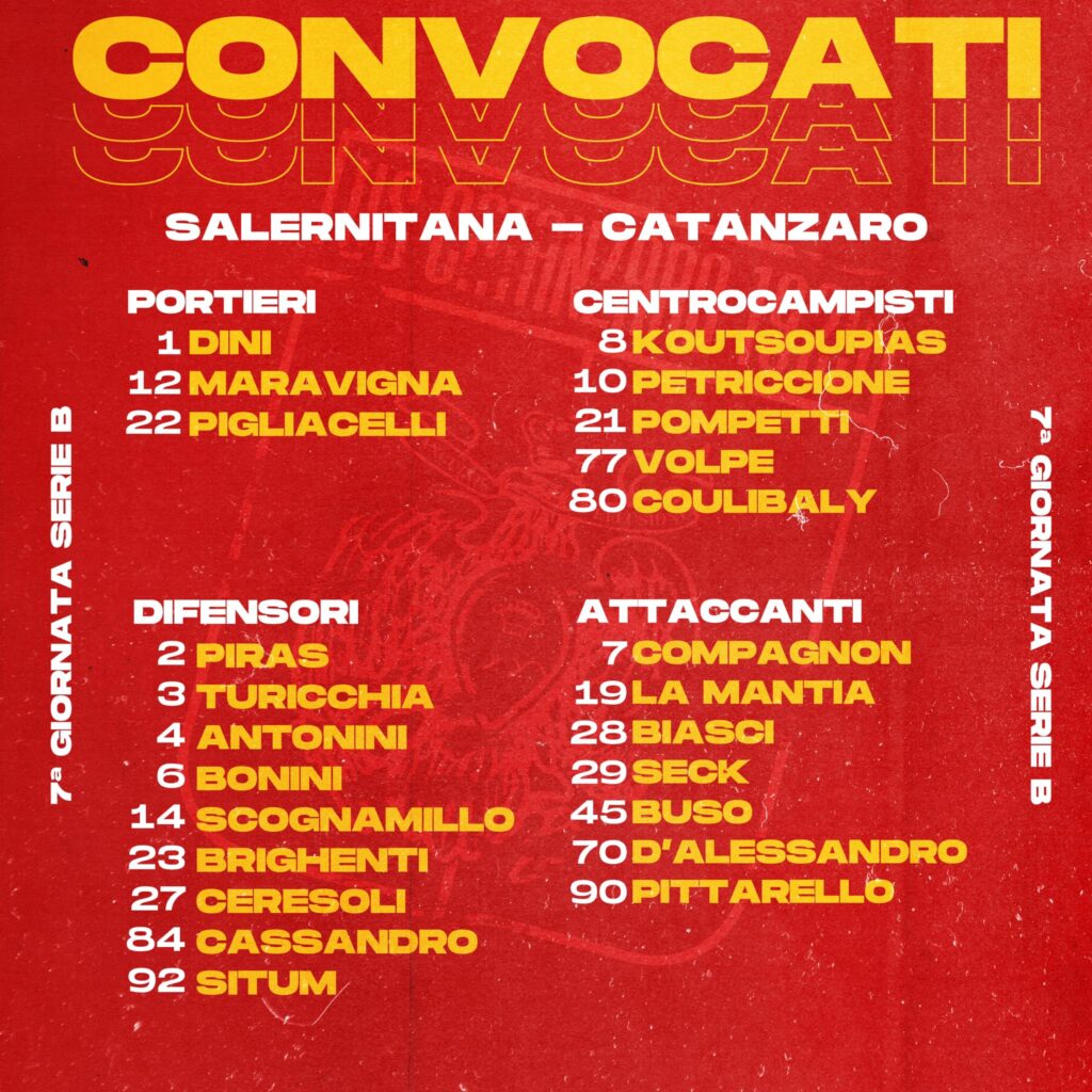 Convocati Salernitana-Catanzaro