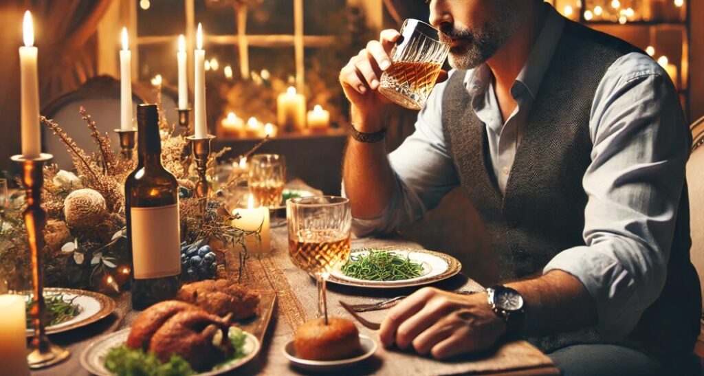 Uomo beve liquore a una cena